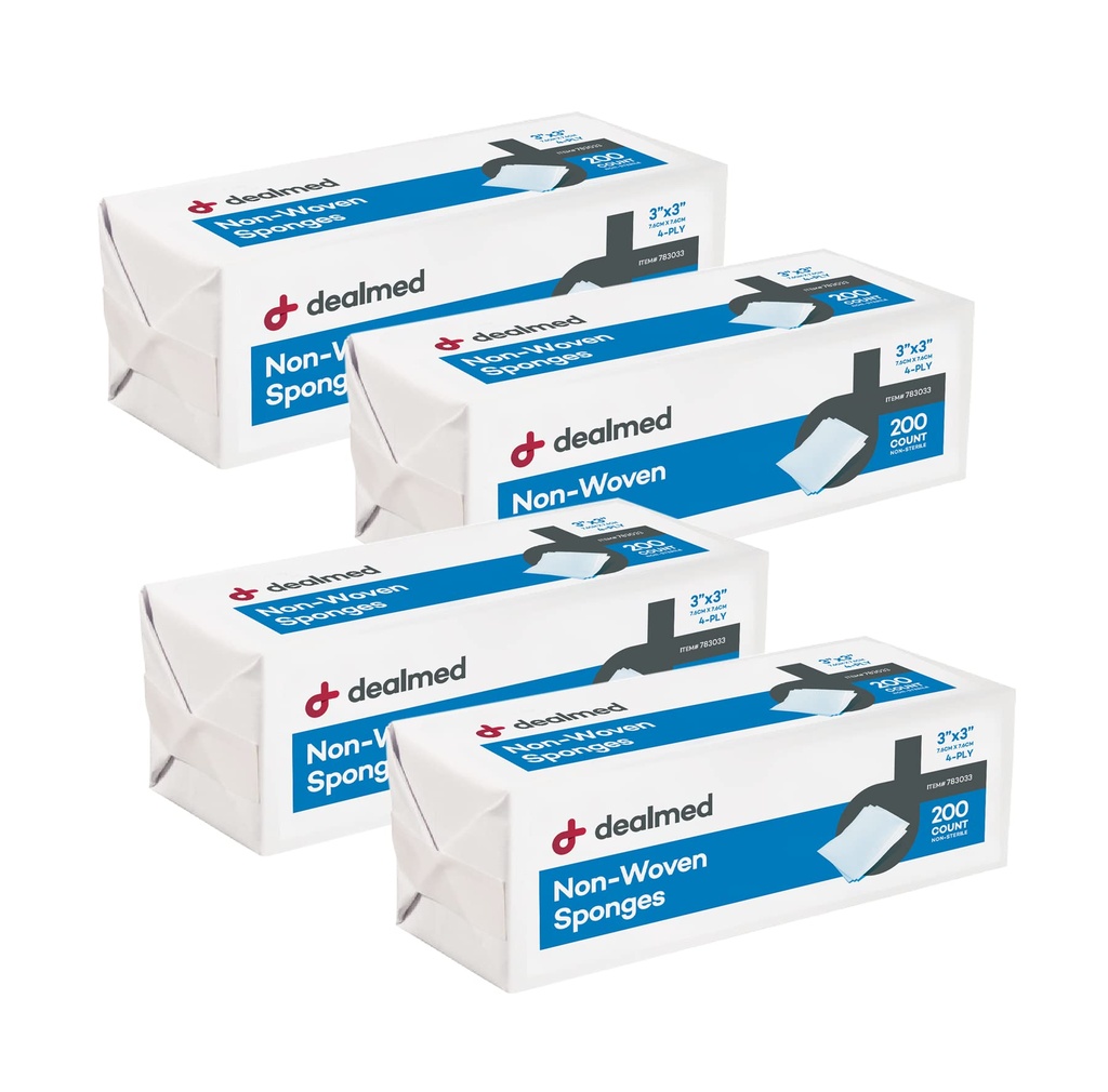 Dealmed 3" x 3" Non-Woven Gauze Sponges (200 Count) 4-Ply All-Purpose Non-Sterile Absorbent Dental Gauze Wound Care Produkt für First Aid Kit/Medical Facilities (Pack mit 4)