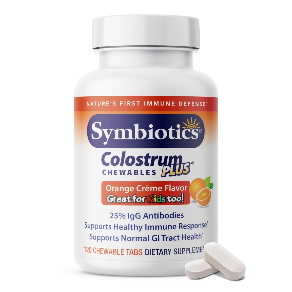 Symbiotics Colostrum 120ct Chewables Plus - Immunität Unterstützung für Erwachsene & Kinder - Lactoferrin Supplement & Colostrum Protein - Unterstützt Verdauung & Gut - 25% lgG Antikörper, Glutenfrei - Orange Creme