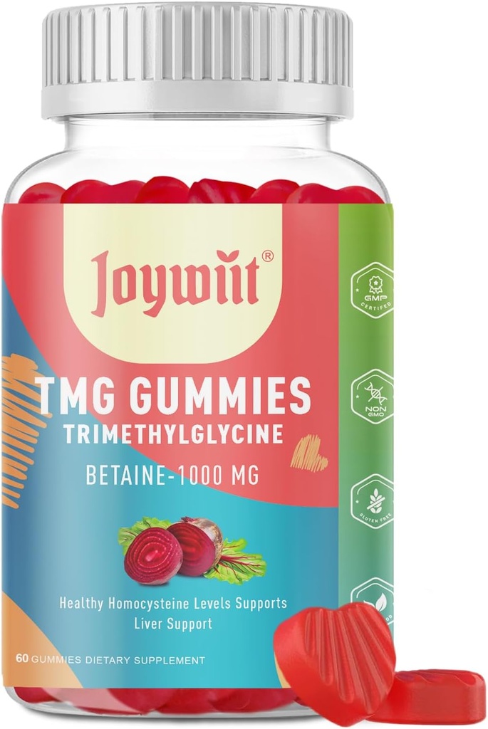 Tmg Triméthylglycine Gummies suppléments 1000mg Betaïne Anhydre Tmg Gummies, niveaux d'homocystéine, énergie, méthylation et soutien immunitaire, santé du foie, sans gluten, 60 Ct