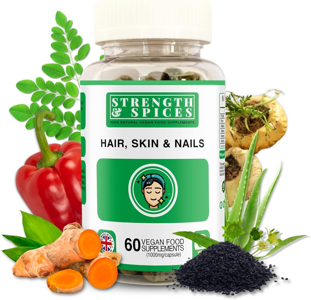 Forza & spezie Capelli, Pelle & Unghie 100% Integratore Naturale – 20 Ingredienti w Biotin Selenium & Zinc - 60 Vegan UK Made 1000mg Capsule