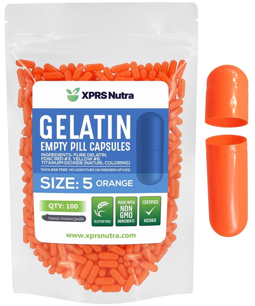 XPRS Nutra Größe 5 Leere Kapseln - 100 Count Sehr kleine leere Gelatine Kapseln - Pillen DIY Kapsel Füllung - Fillable Pillen Gel Kapseln für Do-It-Yourself Vitamin Supplements (Orange)