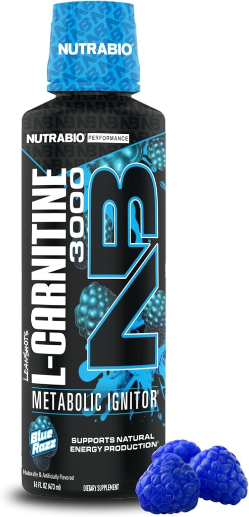 NutraBio – L-Carnitin Liquid Shots – 3000mg, (Blue Razz) – 10mg Vitamin B-5 – Zero Carbs & Sugars – Energieproduktion – Muskelrückgewinnung