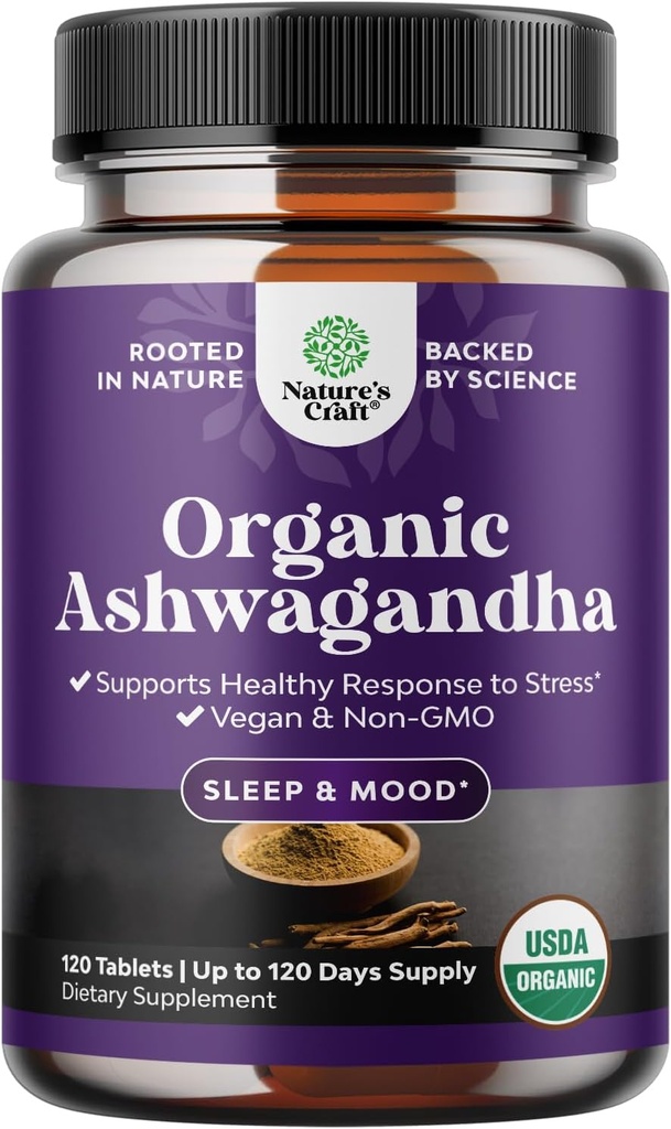 High Strength Organic Ashwagandha Ergänzungen - Ashwagandha Organische Tabletten für Mood-Unterstützung & Hormon Balance für Frauen und Männer - Root-Extrakt-Pulver mit schwarzem Pfeffer für bessere Absorption - 120 Ct