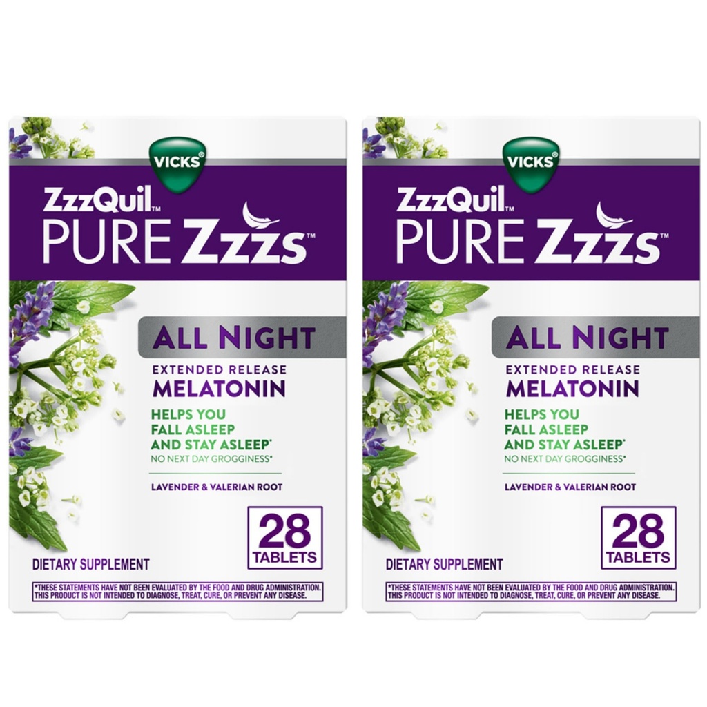 ZzzQuil Pure Zzzs All Night Extended Release, Melatonin Sleep Aid Tablets, ti aiuta a rimanere più a lungo, Sleep Aid for Adults, 2 mg per Tablet, 56 Total Tablet (2 Pacchetti di 28)