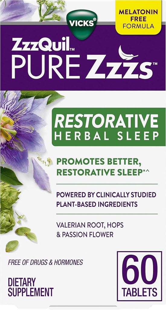 ZzzQuil PURE Zzzs Restaurative Kräuterschlaf, Tabletten, frei von Drogen und Hormonen, Melatonin-freie Formel, Valerian Root, Hops, Leidenschaft Blume, Schlafhilfen für Erwachsene, 60 Count