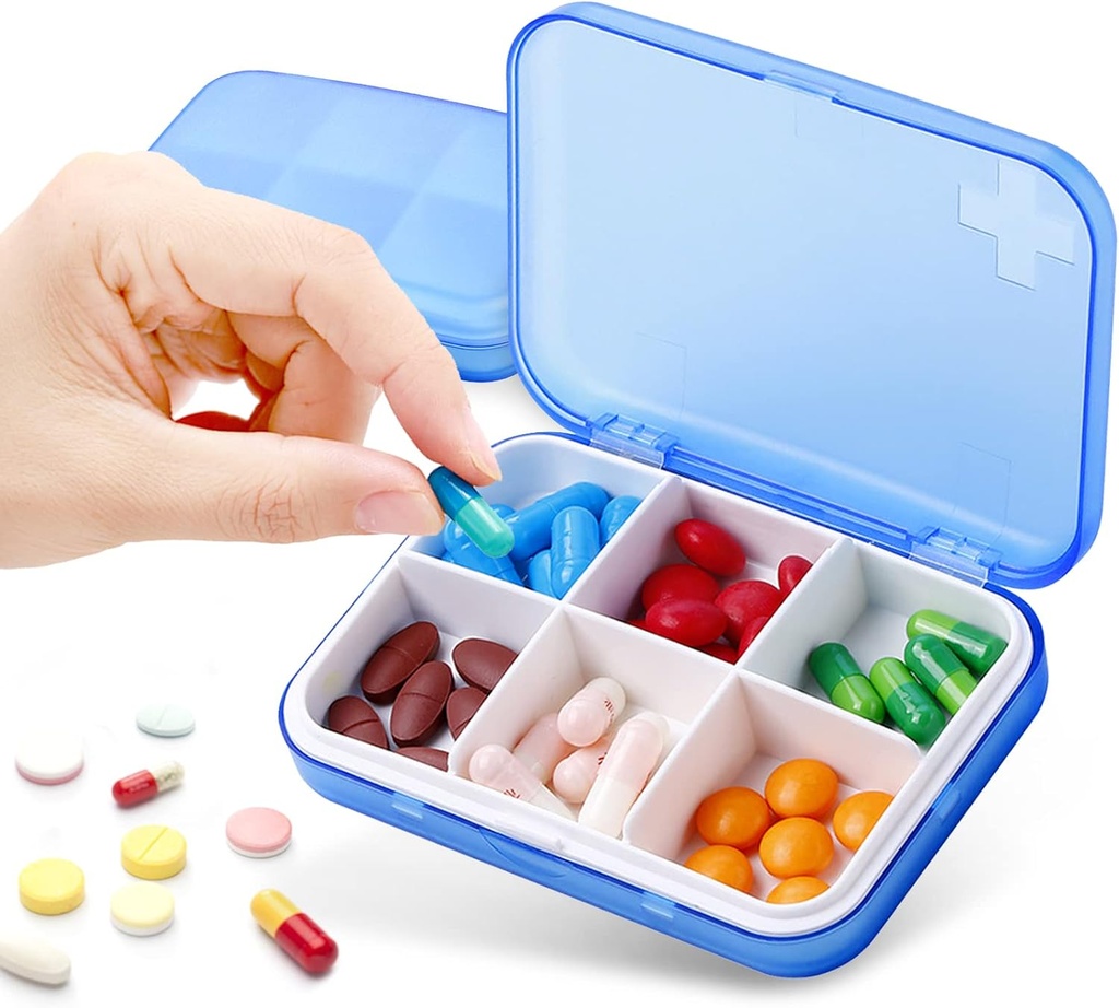 Tägliche Pille Organizer für Vitamine,Cod Liver Öl, Ergänzungen, Medikamente, SAINSWIN kleine Pille Box für Pocket Purse, Tragbare 6 Komponenten Medizin Container für Reisen