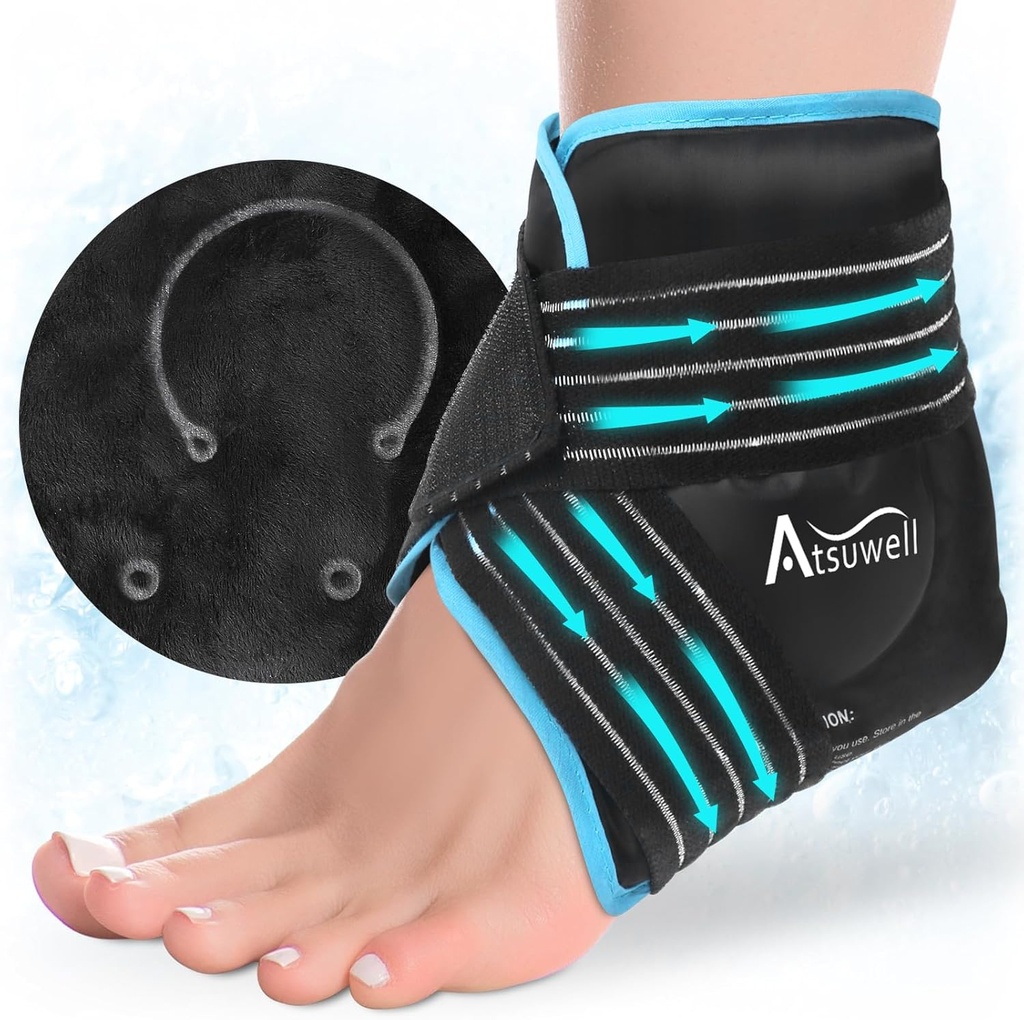 Atsuwell Knöchel Ice Pack Wrap, Wiederverwendbares Gel Ice Pack für Fuß Knöchel Absatz, Fußeis Wrap mit Soft Plüsch Futter, Kaltkompresstherapie für wohltuende Störungen, Schwarz