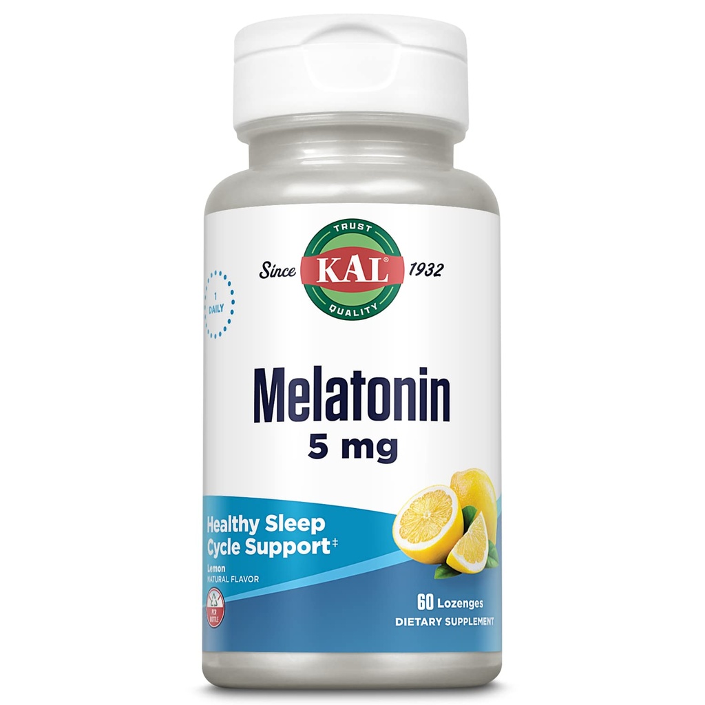KAL Melatonin 5mg Schlafhilfe Lozenges, Melatonin-Ergänzung unterstützt Schlafqualität, beruhigende Entspannung und einen gesunden Schlafzyklus, mit Zusatz von Vitamin B6, Vegetarisch, natürlichem Zitronengeschmack, 60 Lozenges