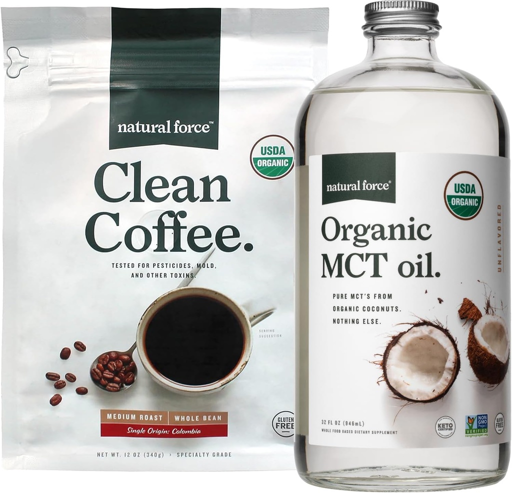 Natural Force Organic Clean Coffee + Organic MCT Oil Bundle – 100% reine Kokosnuss MCT & Mold & Mycotoxin Free Coffee – Non-GMO, Keto, Paleo und Vegan - 12 Oz Bag und 32 Oz Glasflasche