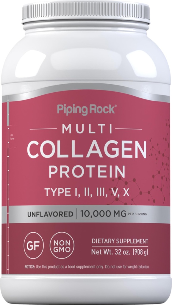 Piping Rock Multi Collagen Protein Pulver | 32oz | Ergänzung für Frauen und Männer | Typen I, II, III, V, X | Unflavored | Non-GMO, Glutenfrei