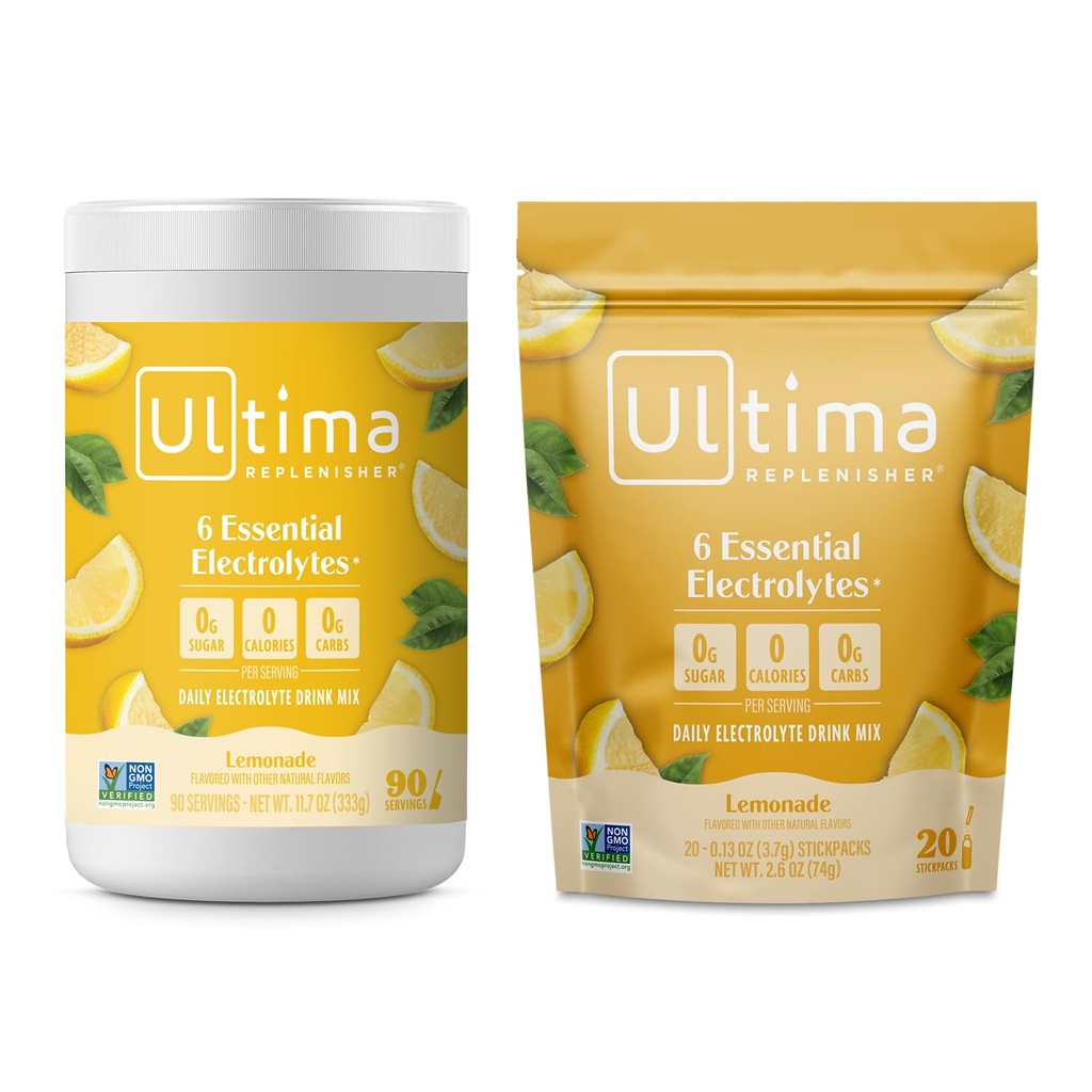 Ultima Replenisher Mélange de poudre d'électrolyte – sans sucre – Cimonade, 90 boîtes de service et 20 sacs à bâtons – 6 électrolytes et minéraux – Keto Friendly, Vegan, Non-OGM
