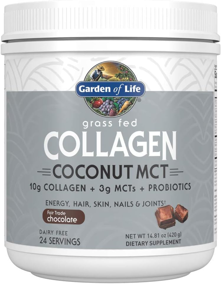 Giardino della vita Grass Fed Collagen Coconut MCT Polvere - Cioccolato, 24 Serve, Collage Peptides Polvere Supplemento per l'energia Hair Skin Nails Joints, Coconut MCTs & Probiotics
