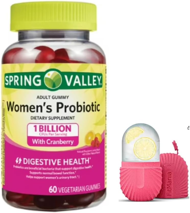 FitMania Spring Valley Women's Cranberry Probiotic Supplement Spring Valley Vegetarian Gummies, Raspberry Lemon, 60 Count and a Gift Ice Roller for Face