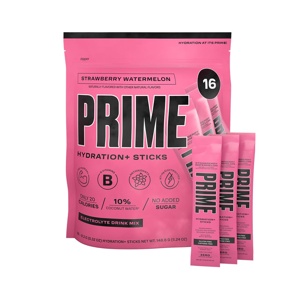 PRIME HYDRATION+ Sticks Strawberry Watermelon | Polvere di idratazione Stick singoli | Polvere di elettrolito sul Go | Basso zucchero | Caffeina-Free | Vegan | 16 Stick