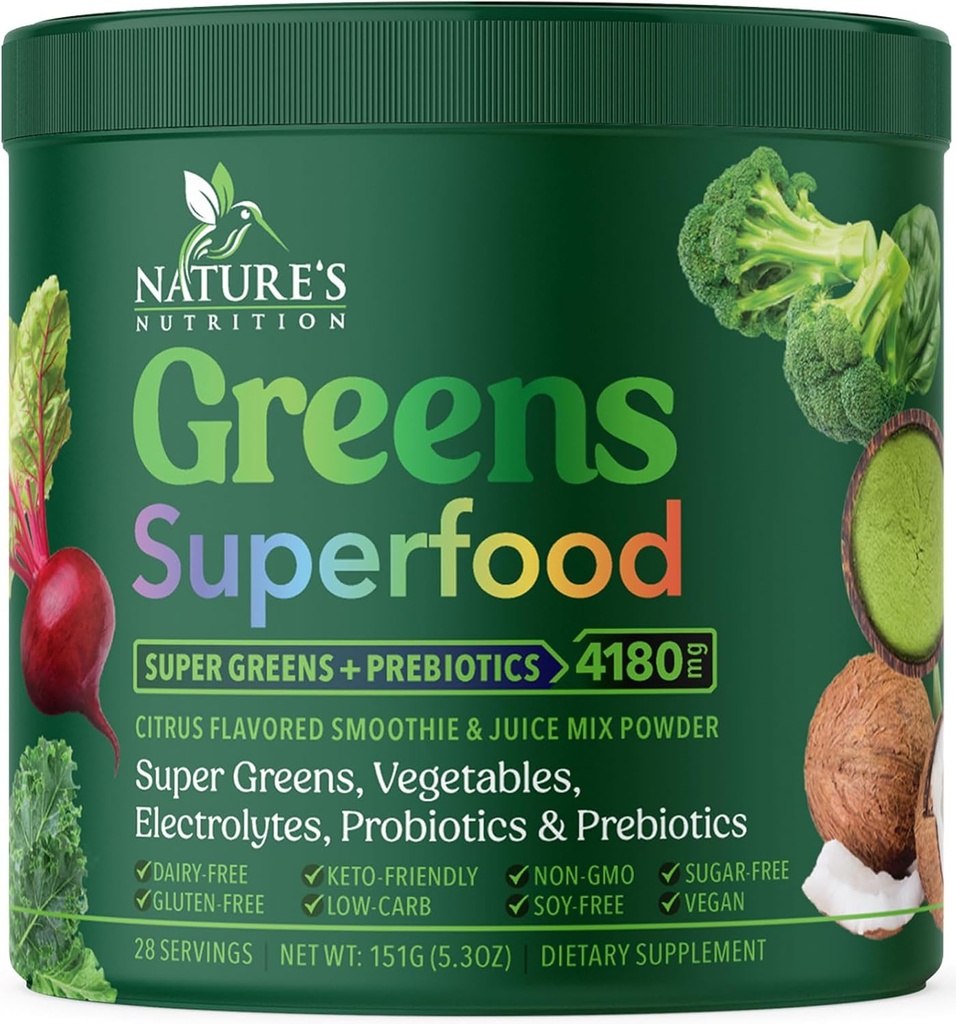 Poudre de Greens Superfood - Premium Bio Super Greens Poudre de jus - emballé avec des probiotiques, Grass de blé, Enzymes, Spiruline, Chlorella pour la santé digestive et Gut, Smoothie Drink Mix - 28 portions