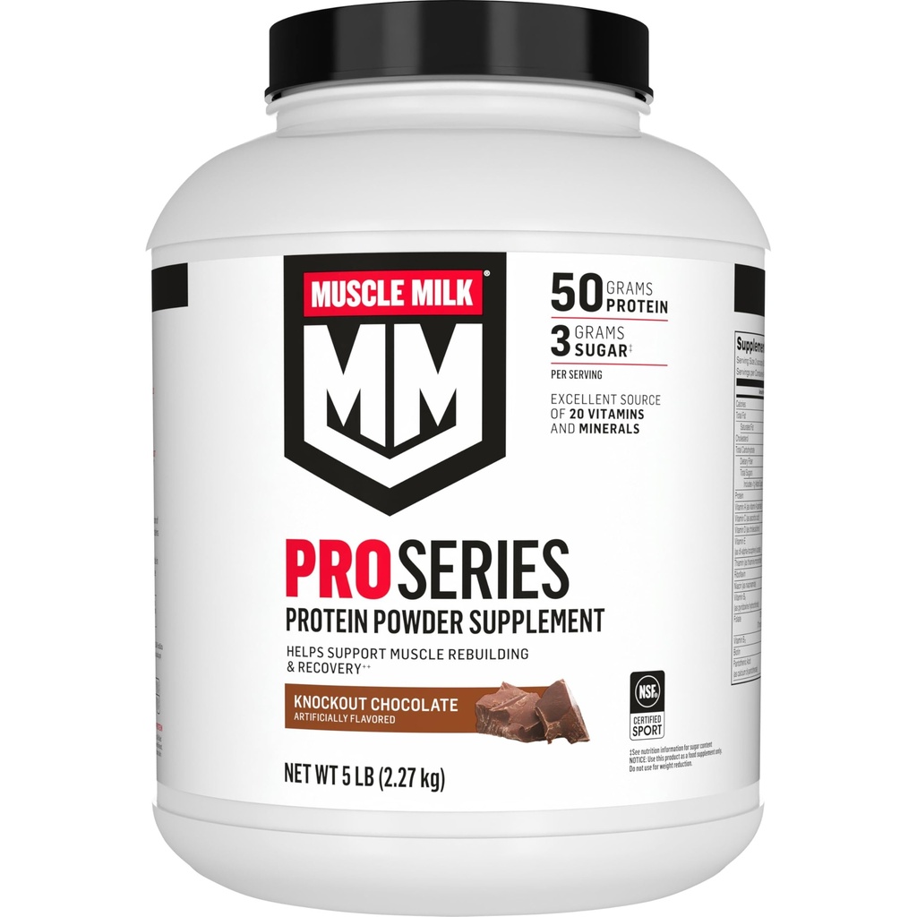 Muscle Milk Pro Series Protein Powder Supplement, Knockout Chocolate, 5 Pound, 28 Serve, 50g Protein, 3g Sugar, 20 Vitamine & Minerali, NSF Certificato per lo sport, Workout Recovery
