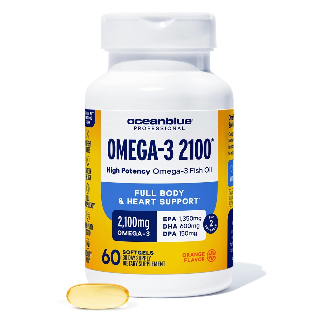 Oceanblue Professional Omega-3 2100-60 Contatore - High-Potency Triple Strength Burpless Fish Oil Supplemento con EPA, DHA & DPA - Arancione Flavor, 30 Serve