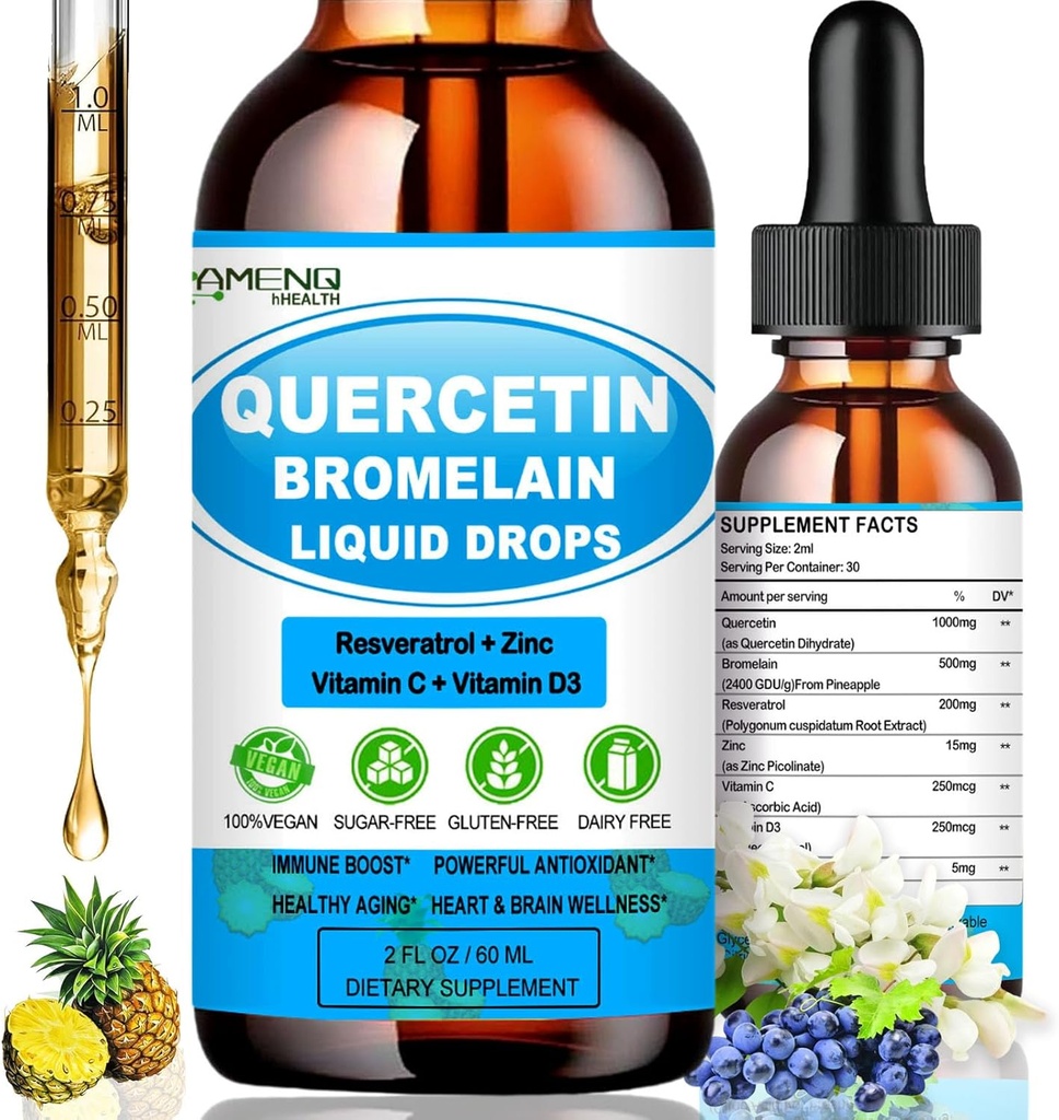 Quercetina con vitamina C e zinco - Gocce Liquide di Quercetina - Quercetina con Bromelain - Zinc Quercetin - Integratore di supporto immunitario per la salute respiratoria e la risposta del corpo alle allergie occasionali