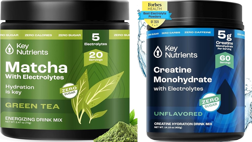 KEY NUTRIENTS Matcha Powder & Creatine Monohydrat Bundle – Unsweetened Matcha Green Tea (20 Servierungen) + Micronized Creatine Powder Supplement (60 Servierungen) – Boost Energy, Focus & Performance