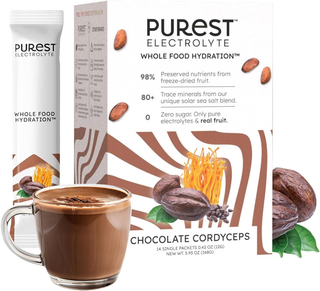 Know Brainer Reinste Elektrolyt Schokolade Cordyceps Pulver-Packets – Ganze Lebensmittel-Hybridation - Fermented Cacao und Solar Sea Salts für Ultimate Electrolyte Balance