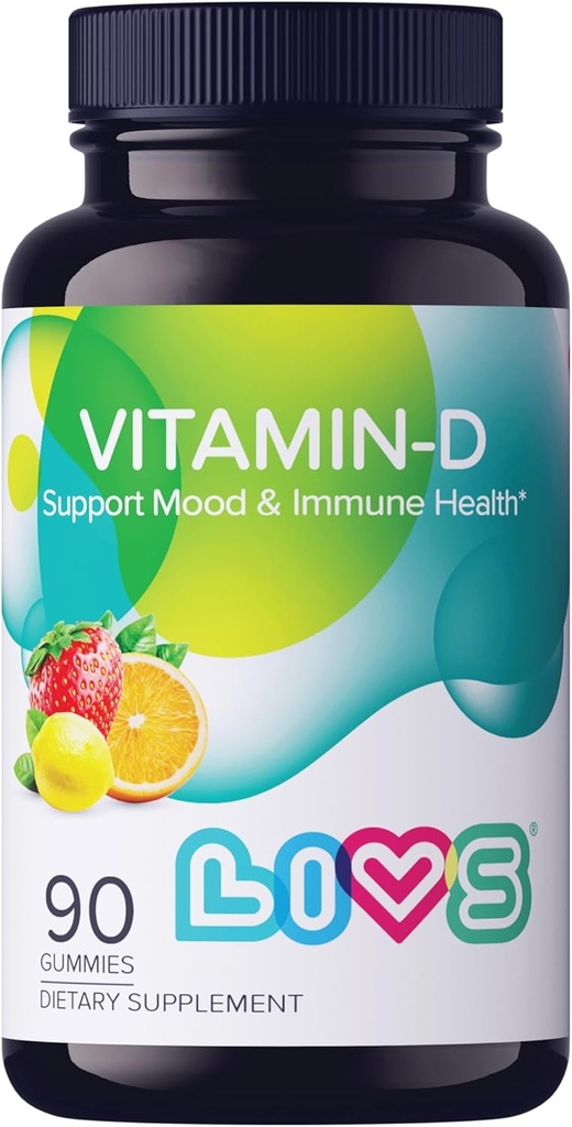 LIVS Vitamin D3 Gummies 2000 IU für Damen und Herren – Vegan Vitamin D3 Beilage für Knochen, Zähne & Immununterstützung – Kaubare Vitamin D Gummis mit natürlichem Zitronenbeere & oder G-Flaschen – 90 Ct