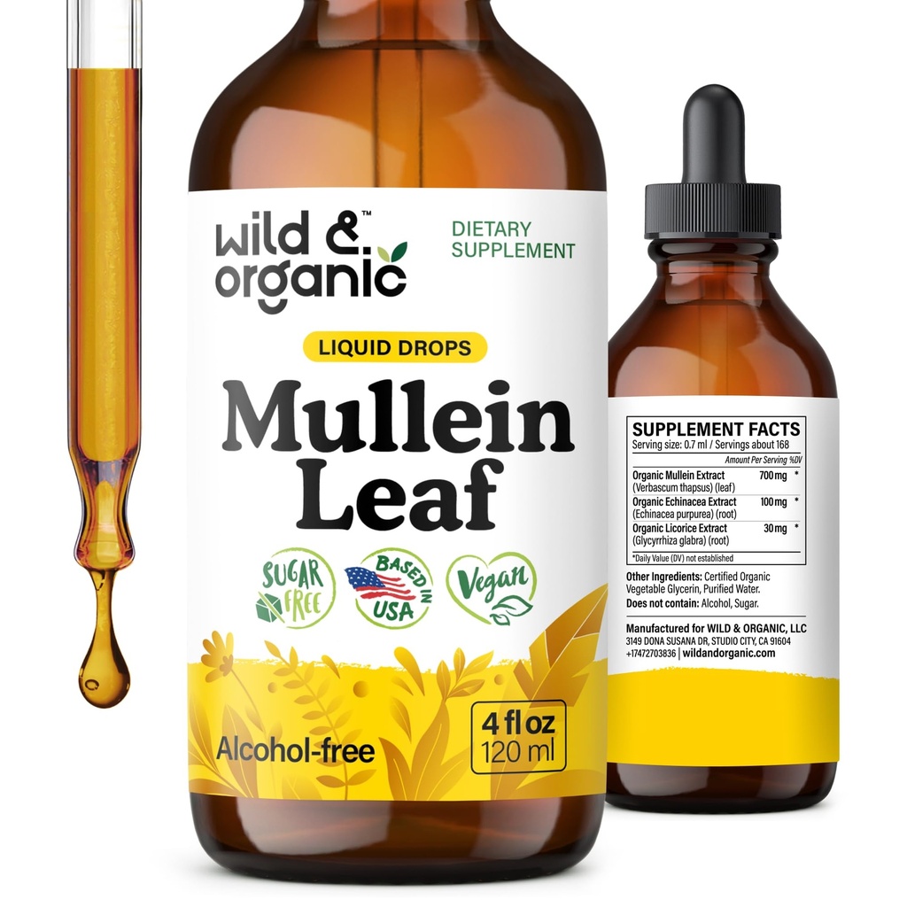 Wild & Organic Mullein Tincture - Lung Cleanse and Detox - Flüssiger Mullein-Leaf-Extrakt für Lunge mit Echinacea - Verbascum Thapsus Drops - Vegan, Zucker & Alkoholfreie Ergänzung - 4 fl oz