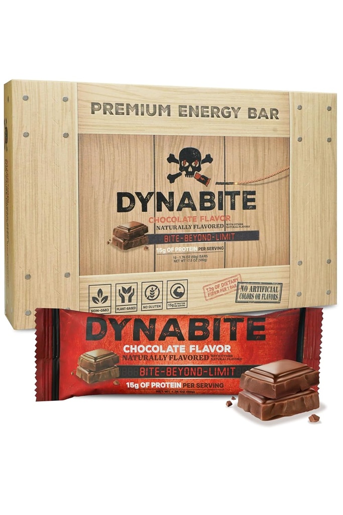 Barre DYNABITE Premium Energy (10 Contenitore, Cioccolato) | Barre proteiche a basso contenuto di carboidrati w/Plant-based Ingredienti | Barra di ricambio senza glutine | Barre di proteine zero di zucchero | Barre a base di snack ad alta proteina
