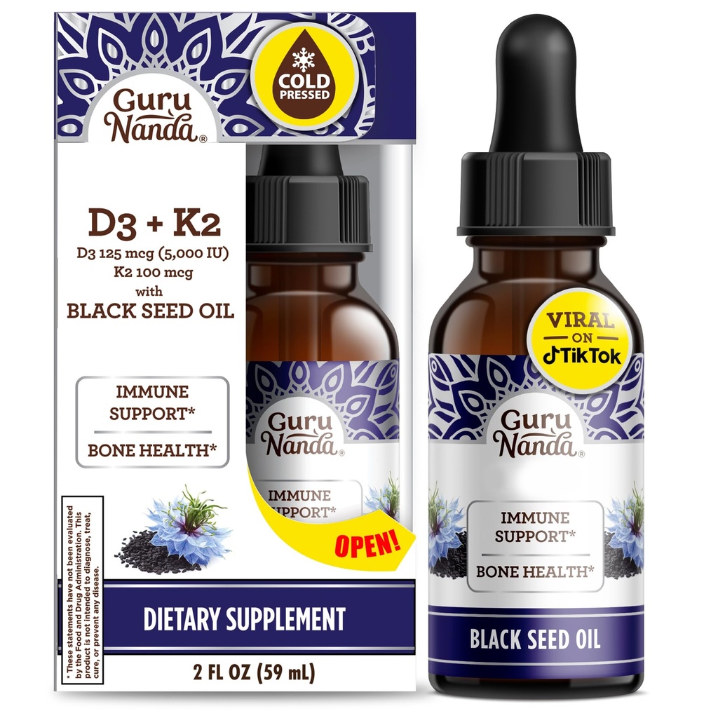 GuruNanda Black Seed Oil, Nigella Sativa pressée à froid - Riche en vitamine D3 5000 Unités, K2 & E, Thymoquinone élevée.
