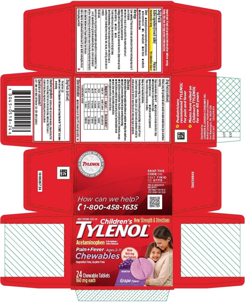Tylenol Kinder Schmerz + Fever Kautabletten Grape Flavor - 24 ct, Pack von 4