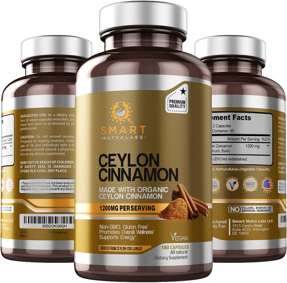Smart Nutra Labs Organic Ceylon Cinnamon Supplement 1200mg per Serving, 180 Vegan Capsules, 100% Pure, True Ceylon Cinnamon