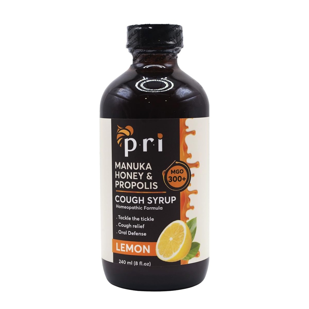 P.R.I Syrup sec naturel avec le miel de Manuka, propolis, huile d'arbre à thé et vitamine C - Throat mal et soutien immunitaire, Lemon Flavor, 8oz