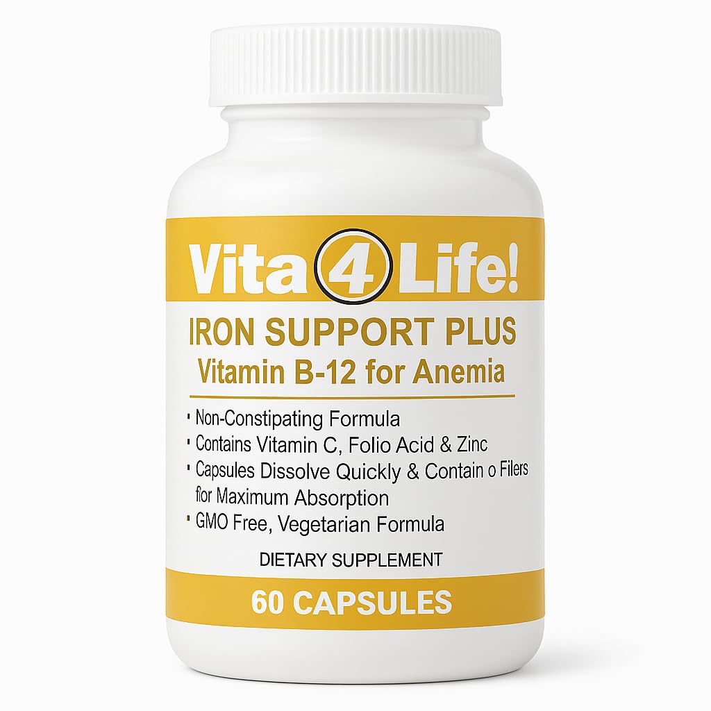Vita4Life!® Iron Support Plus - 40mg Eisen mit Vitamin C, B-12, Folsäure & Zink - 60 Kapseln - Non-Constipating Formula for Red Blood Cell Support & Energy - Vegetarisch & GMO-frei
