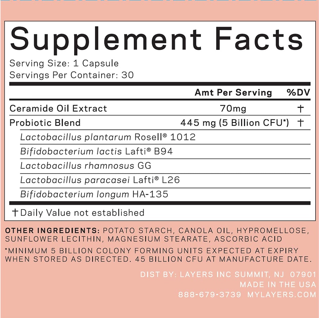 Layers Daily Glow Probiotic Supplements | Clinically Effective, Aumentata elasticità, Pelle luminosa | Vegan & Non-GMO & Gluten Free | 30ct