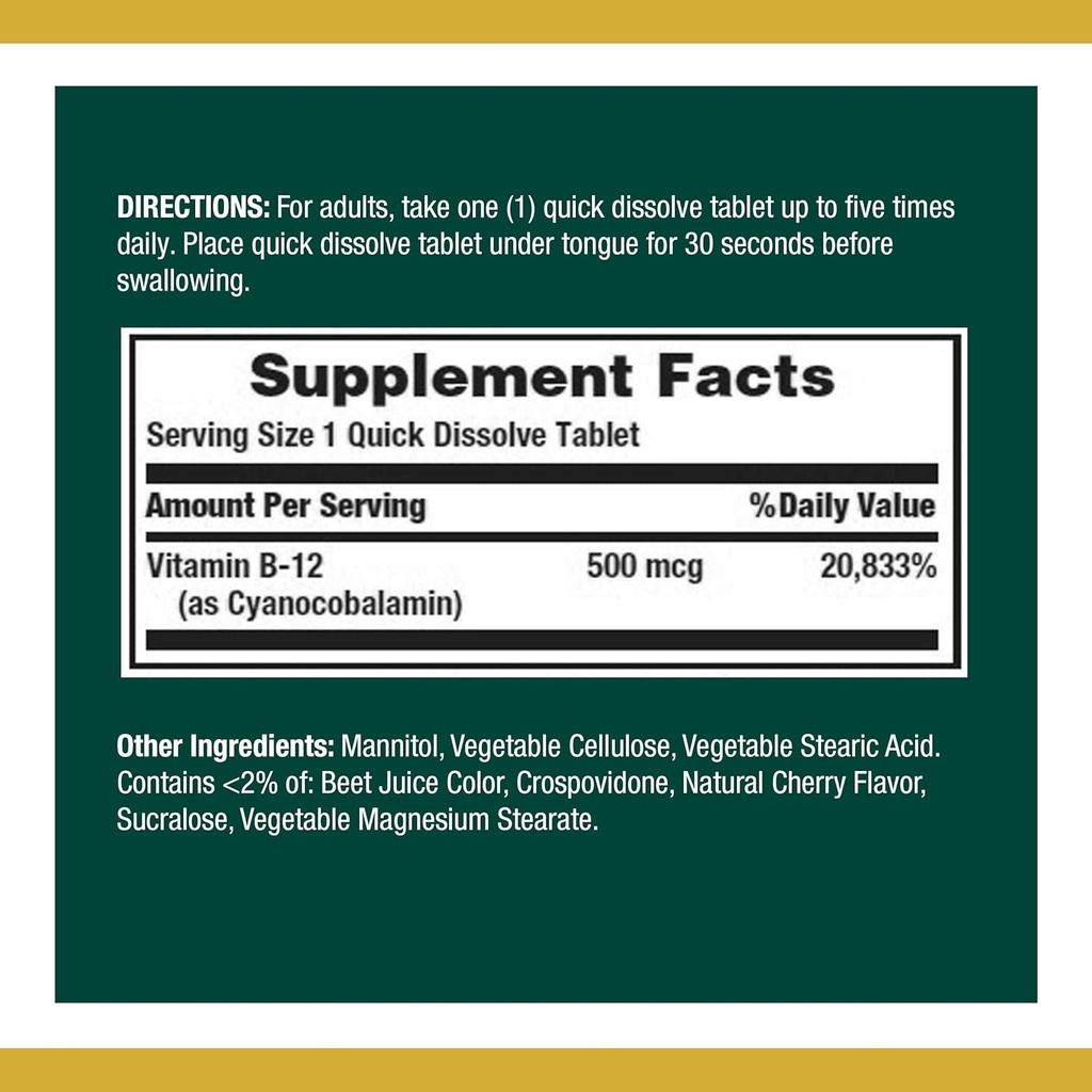 Nature's Bounty Vitamin B12, unterstützt Energiemetabolismus und Nervous System Gesundheit, 500mcg, 100 Schnellauflösen Tabletten (Pack von 2)