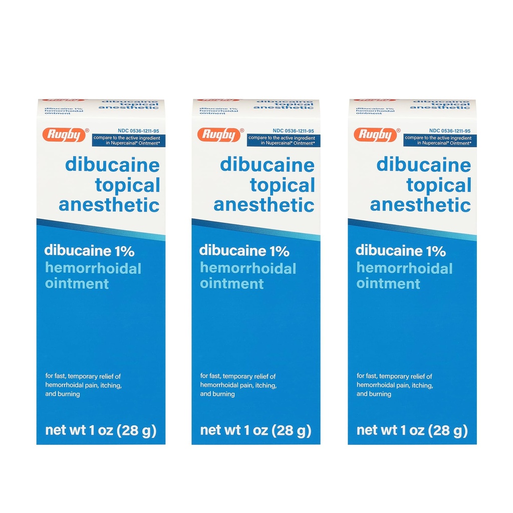 Rugby Dibucaine Anesthésie topique 1% Onguent hémorroïde - Crème de soulagement de la douleur pour les démangeaisons et les brûlures, Traitement hémorroïde, Crème anti démangeaison 1 Oz (3 Pack)