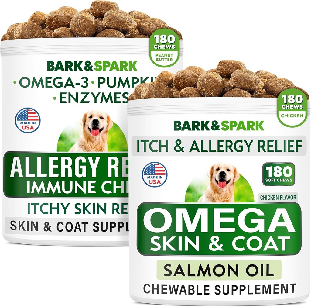 Allergy Relief + Omega 3 for Dogs Bundle - Anti-Itch Skin & Coat + Skin Allergy - Omega 3 Fish Oil + EPA & DHA Fatty Acid - Itching & Paw Licking + Joint Health - 360 Chews - Made in USA
