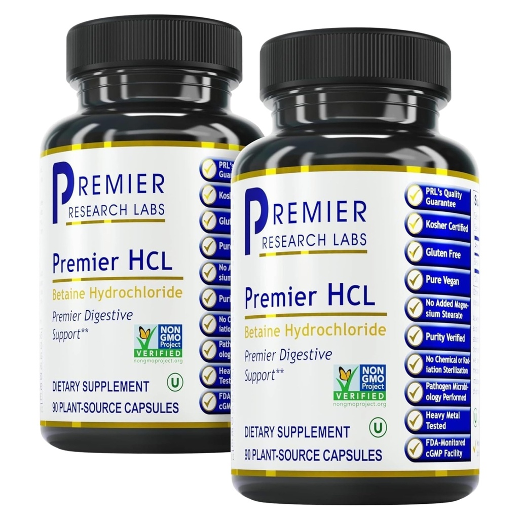 Premier Research Labs Premier HCL - Betaine HCL, Betaine Hydrochloride Supplemento per la funzione digestiva ottimale, Absorbimento Nutriente, Betaine-HCL per Basso Acido Stomach- 90 capsule vegetariane (2 Pack)