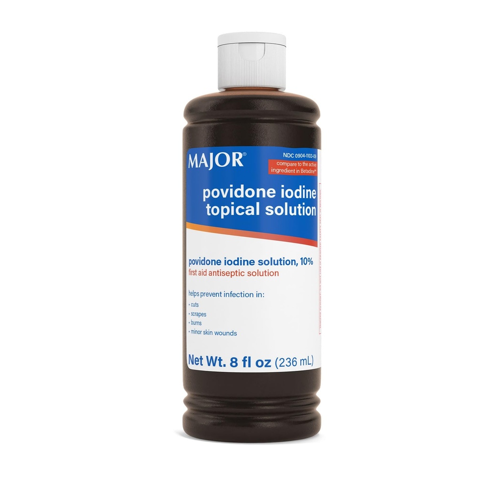 Major 10% Povidone-Iodine Liquid Topical Solution, USP - Topical Antiseptic for Cuts, Scrapes, Burns und Minor Skin Wounds - 8 Fl. Oz.