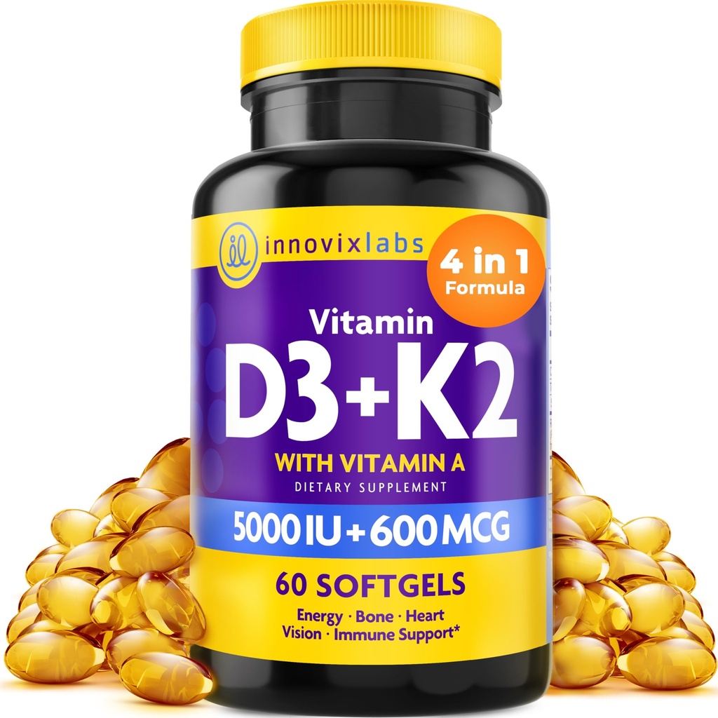InnovixLabs Vitamine D3 K2-5000 UI Vitamine D3 Plus 600 mcg Vitamine K2 MK4 et MK7 pour l'absorption maximale de calcium, soutient les os, l'Immune, la santé cardiaque, la 3ème partie testée, sans gluten, 60 softgels