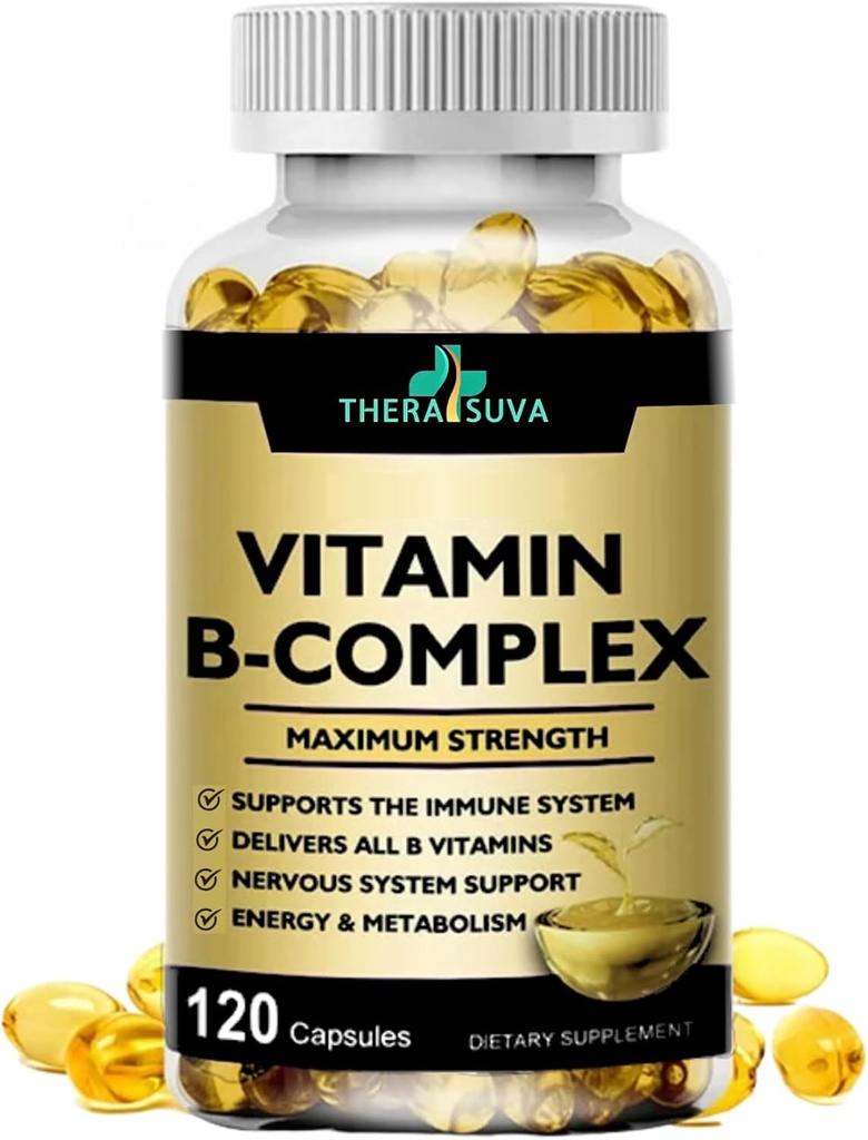 Max Strength Vitamin B-Komplex + CoQ10 + Vitamin C – Hohe Potenz Natürliche Ergänzung für Energie und Stoffwechsel – 120 Softgel, 60 Tage Versorgung
