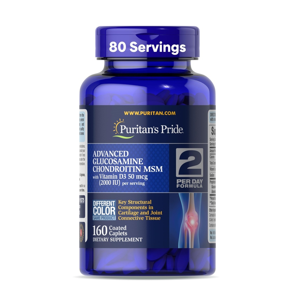 Puritan's Pride Advanced Glucosamin Chondroitin MSM mit Vitamin D3 50mcg (2000 IE), Nahrungsergänzungsmittel für Gelenkgesundheit, 80 Portionen, 160 beschichtete Tabletten