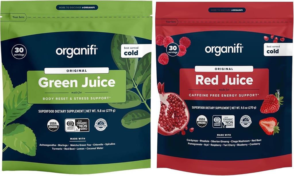 Succo verde Organifi e succo rosso Bundle - 30 giorni di alimentazione - Delicious, rinfrescante polvere di supplemento di superfood organico con antiossidanti per l'energia e lo stress supporto sollievo - No OGM, Gluten, o Soia