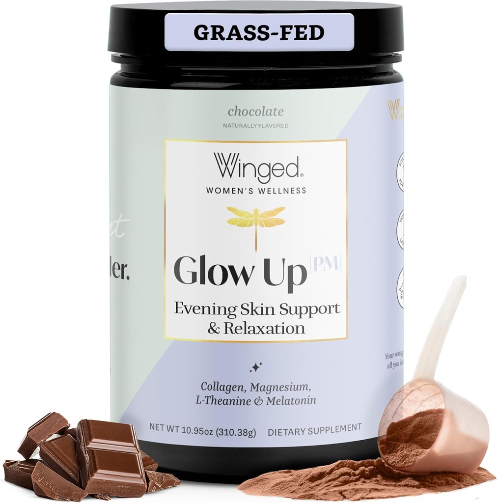 Winged Wellness Glow Up PM Collagen Peptide Powder | Evening Skin and Relaxation for Glowing Skin and Sweet Sleep. Gras Fed Collagen w/Magnesium, L-Theanin und Melatonin I Schokolade, 21 Servierungen