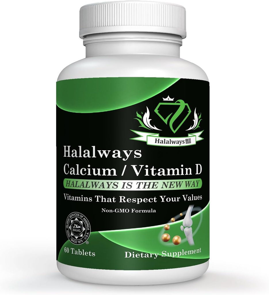 Halalways Calcium/Vitamin D Certified Halal Supplement Bone Health Support, con Calcium & Vitamin D, Supplemento dietetico, Integratori di Vitamina, per Uomini e Donne, (650mg Calcium, Vitamina D 10mcg)