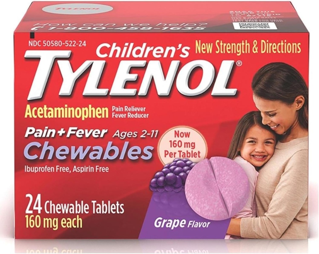 Tylenol Kinder Schmerz + Fever Chewables Tabletten 160 mg, Trauben Geschmack 24 ea (3 Pack)