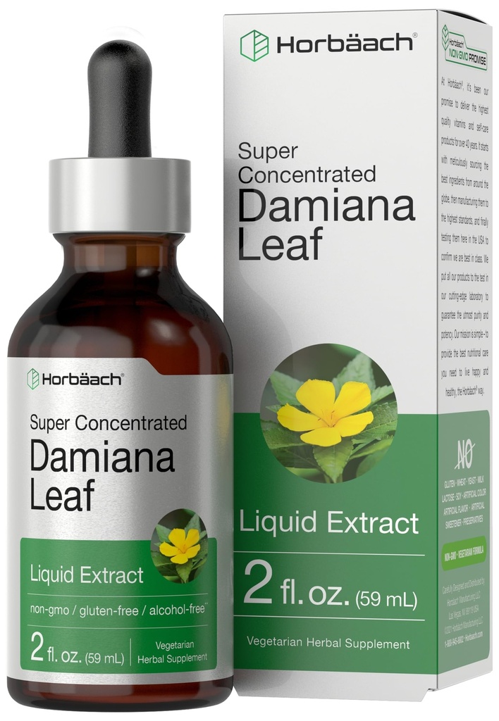 Horbäach Damiana Leaf Teinture d'herbes de 2 fl oz. Super concentré. Extrait liquide sans alcool.