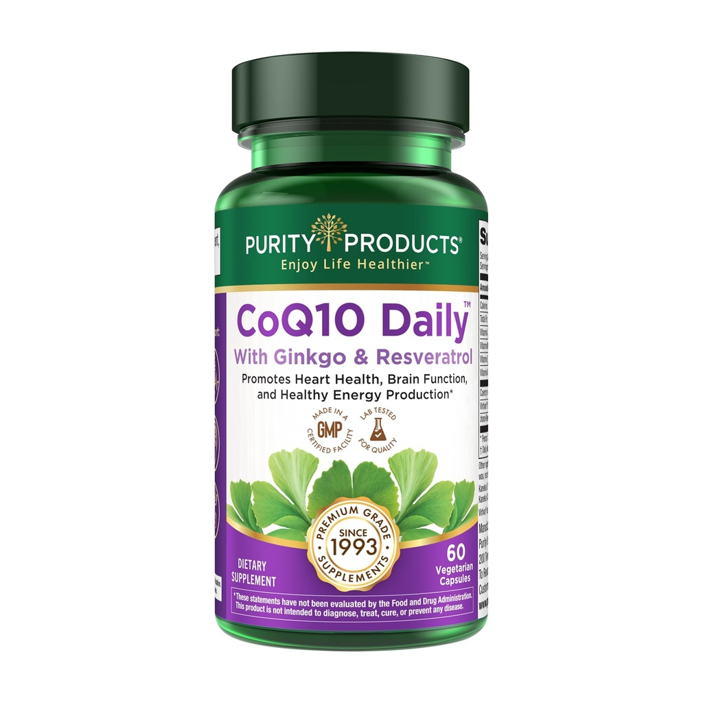 Prodotti di purezza CoQ10 Super Boost giornaliero con Ginkgo e Resveratrolo da Supporti livelli di energia sana e funzione sana del cervello - 60 capsule vegetariane