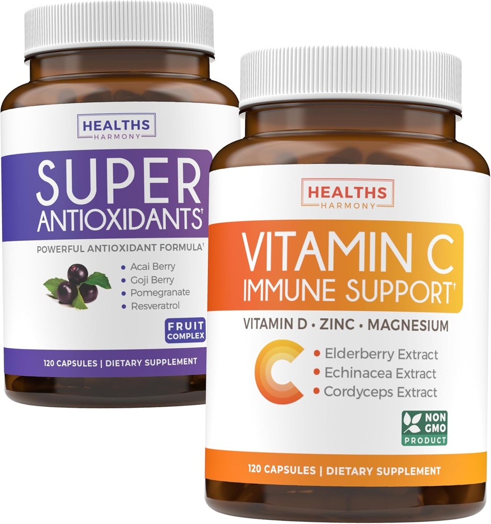 Antioxydants et immunosupport (2 mois d'approvisionnement) Immune Vitalité Blend - Super Antioxydants - Super aliment puissant mélange quotidien (120 capsules) et supplément de soutien immunitaire avec vitamine C et zinc