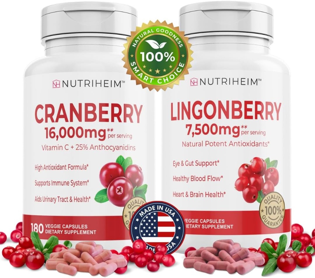 All in One PAC Bundle - Capsules de canneberge et de lingonberry - Vitamine C et 25% Proanthocyanidines pour le trac urinaire, la santé des intestins, le soutien antioxydant - Non-OGM, sans gluten, supplément végétalien