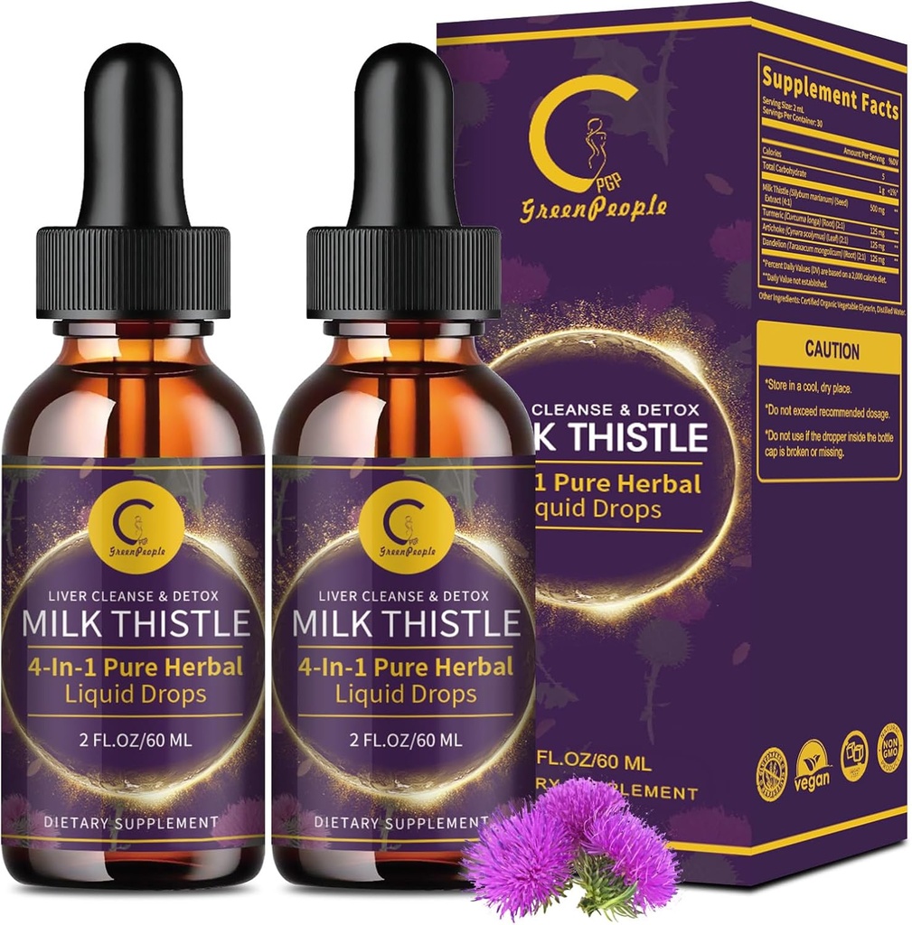 (2 Pack) Milchdistel Flüssigkeitstropfen für Leberreiniger Detox & Repair, Milchdistelergänzung mit Dandelion Root, Artichoke & Turmeric für Leberunterstützung und Immungesundheit, Vegan, Non-GMO, 4 FL OZ
